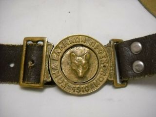 Vintage Greek Boy Scouts Brown Leather Belt Wolf Engraved Symbol