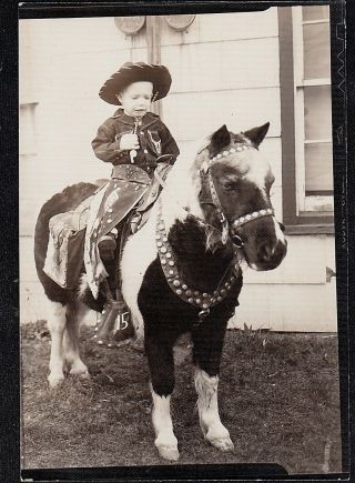 Vintage Antique Photograph Little Boy Dressed As Cowboy Sitting On Horse / Pony
