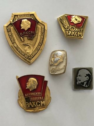 Soviet Awards,  Russian Ussr Badges Set Of 5 Badges Lenin Komsomol Vlksm