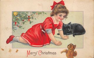 Vintage Merry Christmas Postcard Girl Red Dress Cats Divided Back Unposted