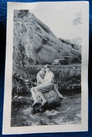 Vtg 1930s Life Photo Snapshot Women Loving Embrace On River Rock Gay Interest