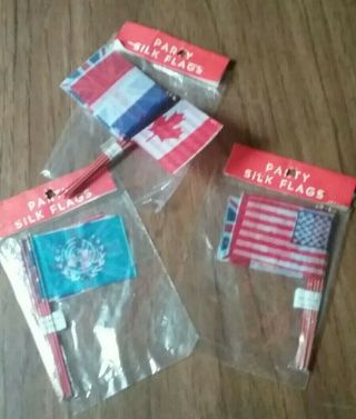 3x Vintage Miniature Silk Flags Party Favors Nip - - Us,  Canada,  France,  Uk & Un