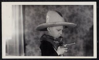 Vintage Antique Photograph Little Boy Dressed As Cowboy - Hat - Bandanna - Gun