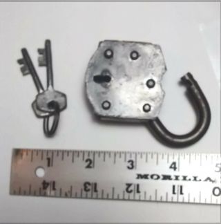 3 " Antique Iron & Brass Padlock Lock With 2 Keys In Good