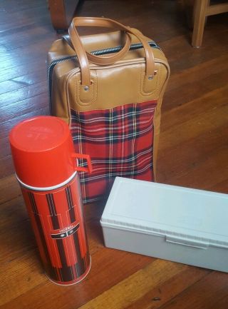 Vintage King Seeley Thermos Red Plaid Picnic Set Canvastote Bottle Lunchbox 1971