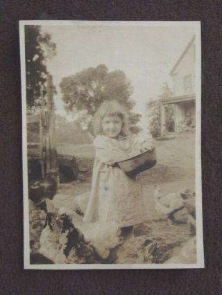 Young Girl Feeding The Chickens In Front Yard Vintage 1910 
