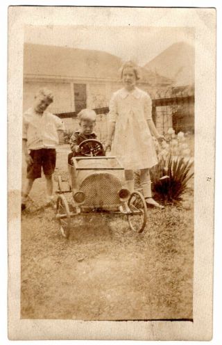 Early Pedal Car 2 Boys & Girl Kids Circa 1920 Vintage Snapshot Photo