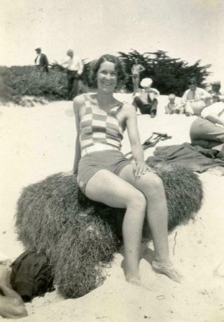 N39 Vtg Photo Swim Suit Woman Posing On Beach C 1931