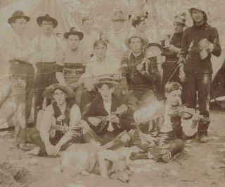 C1890s Photograph Group Of Men At Camp Playing Guitar,  Violin With A Dog