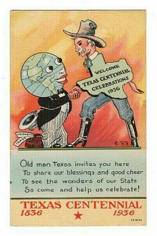 Texas Centennial Humanized Globe Man & Old Man Texas Map 1936 Linen Postcard