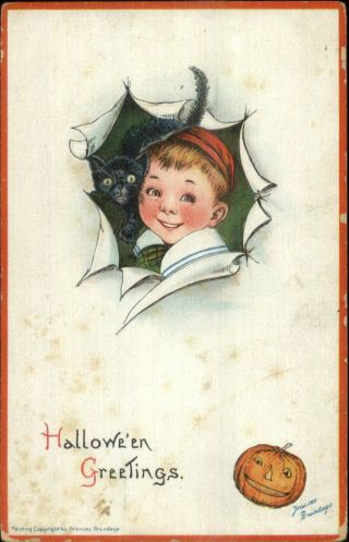 Halloween Little Boy & Black Cat - Frances Brundage C1910 Postcard