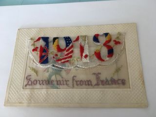 Antique Silk Embroidered Wwi 1918 Post Card - Souvenir From France