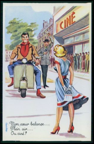 Art Carriere Sexy Pinup Motorcycle Vespa Scooter Humor 1950s Postcard G