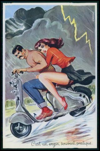 Art Carriere Sexy Pinup Motorcycle Vespa Scooter Humor 1950s Postcard E