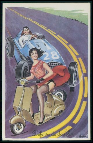 Art Carriere Sexy Pinup Motorcycle Vespa Scooter Humor 1950s Postcard B