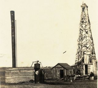 OIL WELL old photo c 1910 WOODEN DERRICK boiler shack SMOKESTACK drilling OPAL 2