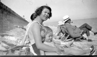 Large Old Negative.  Woman Sits On Beach With Little Girl.  Man In Deckchair.  C1920