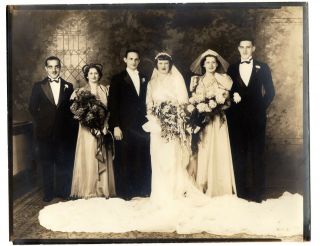 Vintage 8x10 Antique Photo Pretty Bride & Groom Wedding Party Portrait Feb18