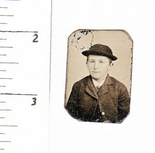 Civil War Era Miniature Gem Tintype Photo Young Man W/hat.  984p