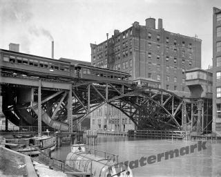 Photograph Vintage Chicago Illinois Jacknife Bridge & Train 1907 8x10