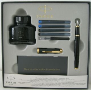 Parker Im Fountain Pen Kit Black Lacquer Gold Trim Ink Bottle Cartridges Bnib