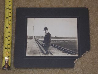 Rare Old Vintage Cabinet Photo Man Standing On Railroad Train Track Bridge