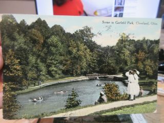 Vintage Old Ohio Postcard Cleveland Garfield Park Lagoon Pond Bridge Girls Boats