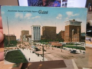 Vintage Old Ohio Postcard Cleveland Public Square Streetcar Station Church Cars