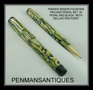Circa 1921 Parker Duofold Senior Pearl And Black Fountain Pen And Pencil Set
