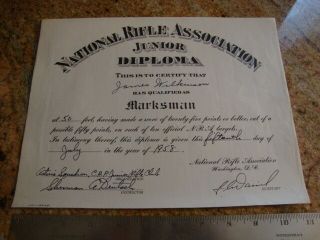 Rare Vintage 1958 Nra Junior Diploma/certification - Qualified As Marksman
