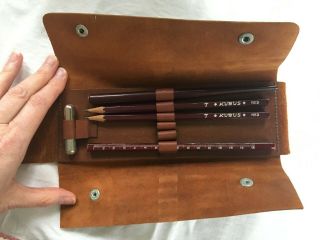 Vtg Leather Pen Case W/ Fountain Dip Pen & Mitchell Nibs,  Kubus Pencils & Ruler