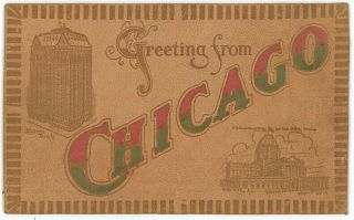 C1910 Leather Postard Greetings From Chicago Novelty Card