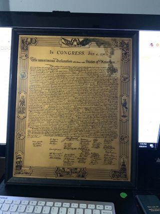 Rare Declaration Of Independence - Engraved Brass Plaque - Framed 1940