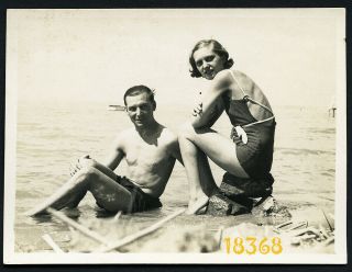 Sexy Girl And Strong Boy At Lakeside,  Swimsuit,  Legs,  Vintage Photograph,  1920’s