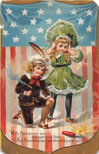 F64/ Patriotic Postcard C1910 Fourth Of July 4th Kids Fireworks 22