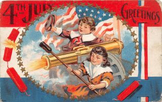 F64/ Patriotic Postcard C1910 Cannon Kids Fireworks 4th Of July 3