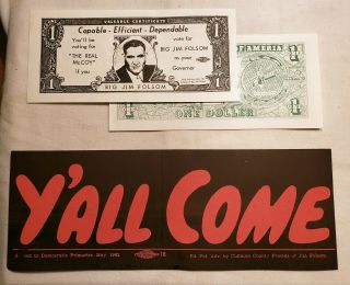 Big Jim Folsom Governors Campaign Advertisement Money 1962 Alabama
