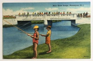 1954 Nj Postcard Manasquan Main Street Bridge Fishing Girl Monmouth Jersey