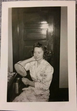 2 Vintage Old 1942 Photos Of Woman Girl Primping At Vanity Mirror Silk Bathrobe