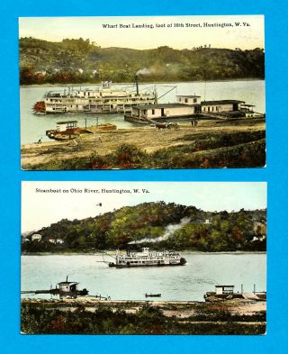 2 Huntington,  Wv,  Postcard Views Of The Ohio River Steamer Greenwood At Wharf Vf