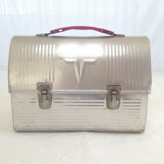 Thermos Lunch Box Metal V Domed Vtg Red Handle 1950 