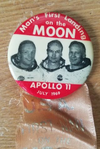 Apollo 11 July 1969 Pinback Button and Ribbon 