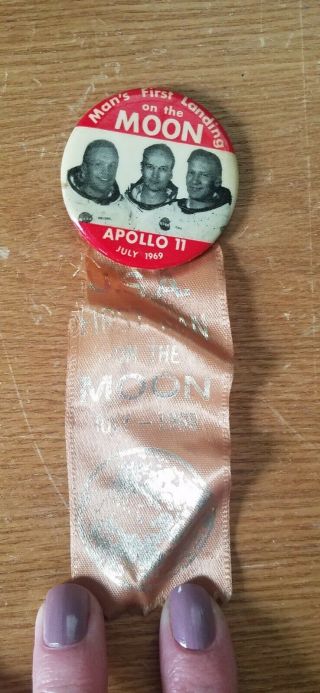 Apollo 11 July 1969 Pinback Button and Ribbon 