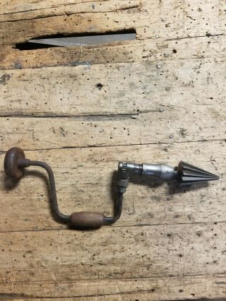 Antique Bit Hand Drill With Wooden Handle And Auger Bit Very Old 18.  5 " Long