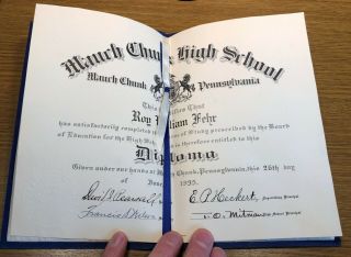 Mauch Chunk Pa High School Roy William Fehr Class Of 1935 Diploma Class Roll