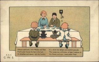 Family At Dinner Table Dolly & Teddy Bear - Luton Cocoa C1910 Postcard