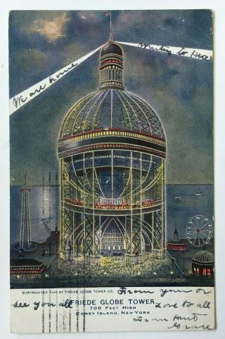 1907 Ny Postcard York City Coney Island Friede Globe Tower 700 Feet High