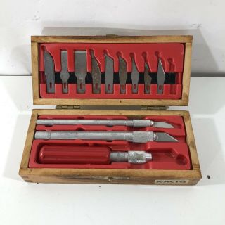 Vintage 14 Piece X - Acto Knife Scalpel Cutter Set w/ Wood Box 11 Blades 3 Handles 2