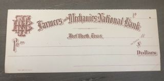 1800’s Antique Check Farmers And Mechanics National Bank Fort Worth Texas