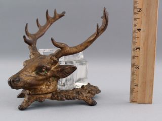 Antique 19thc Cast Iron Deer Stag Head Inkwell W/ Antler Pen Rest,  Hunting